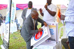 THE LAUNCH OF CROSS-BORDER COMMUNICATION MATERIALS AT THE RECEPTION CENTRE IN ELEGU TO COMBAT HUMAN TRAFFICKING ALONG ELEGU & NIMULE BORDER TOWNS.